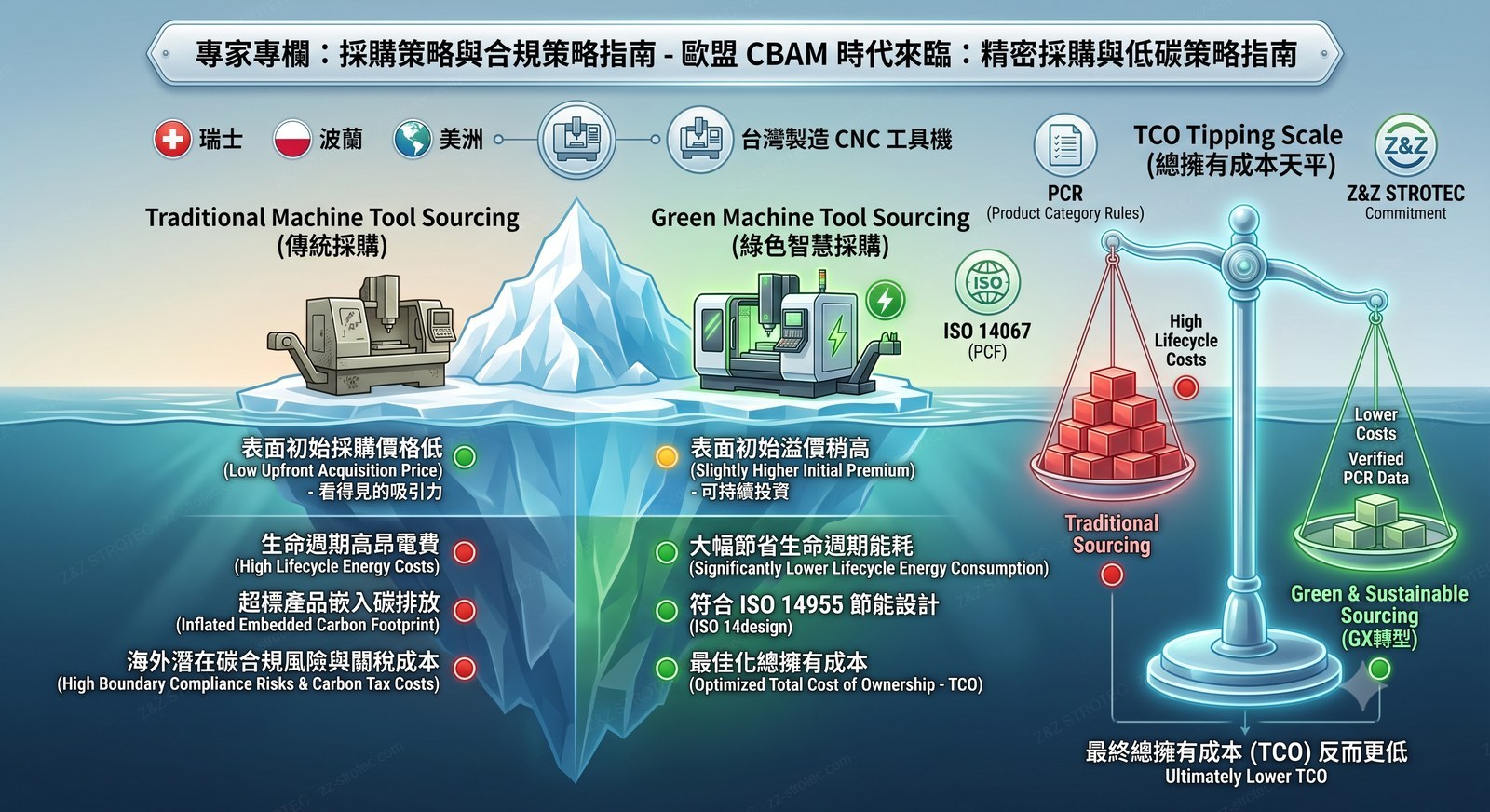 Traditional vs green CNC sourcing iceberg and total-cost-of-ownership comparison