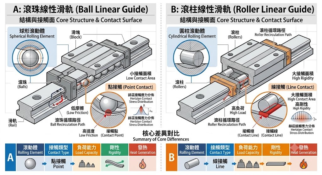 Ball vs. Roller linear guide — core structure and contact surface comparison (point contact vs. line contact)