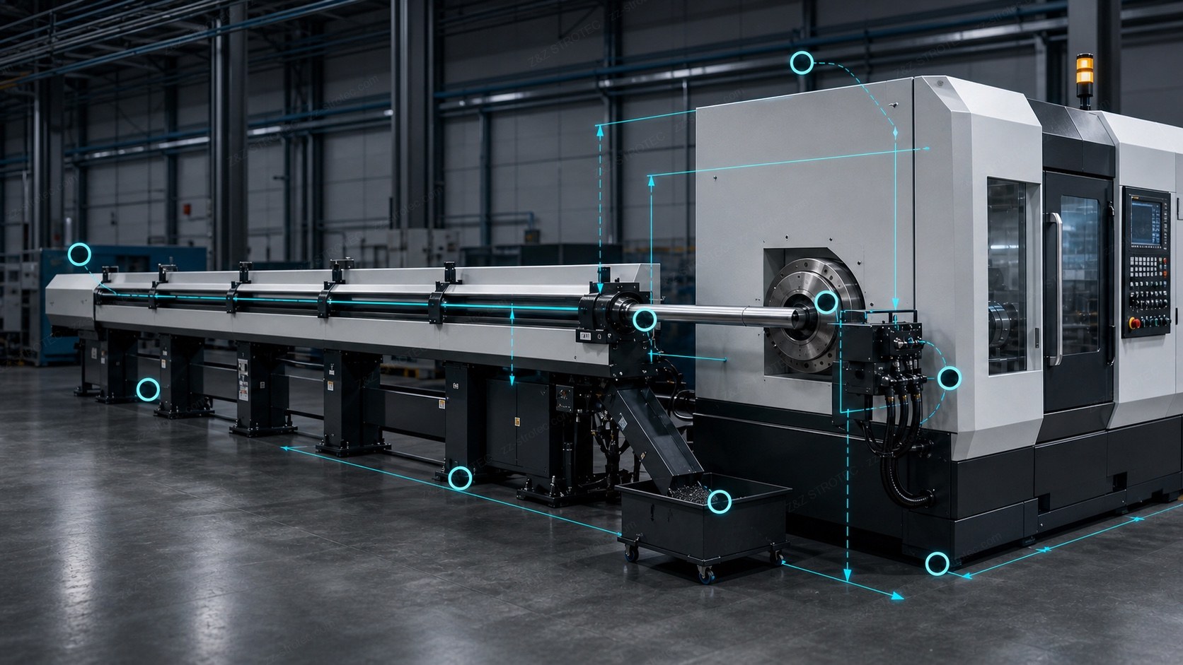 A long magazine bar feeder aligned to the rear of a CNC lathe spindle, with dimension callouts marking the bar entry, the spindle centre height, the length of the feeder and the floor space behind the machine