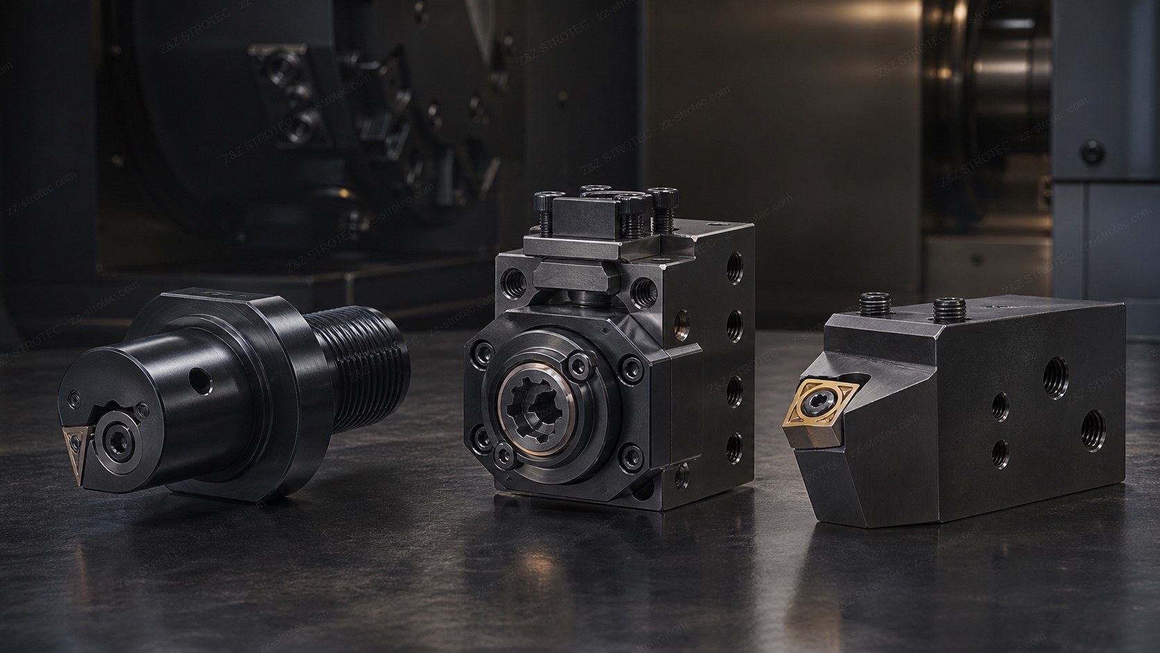 Three lathe turret tool holders side by side in front of a turret: a cylindrical-shank VDI holder, a driven holder showing its splined drive coupling on the bolted mounting face, and a bolt-on static turning block