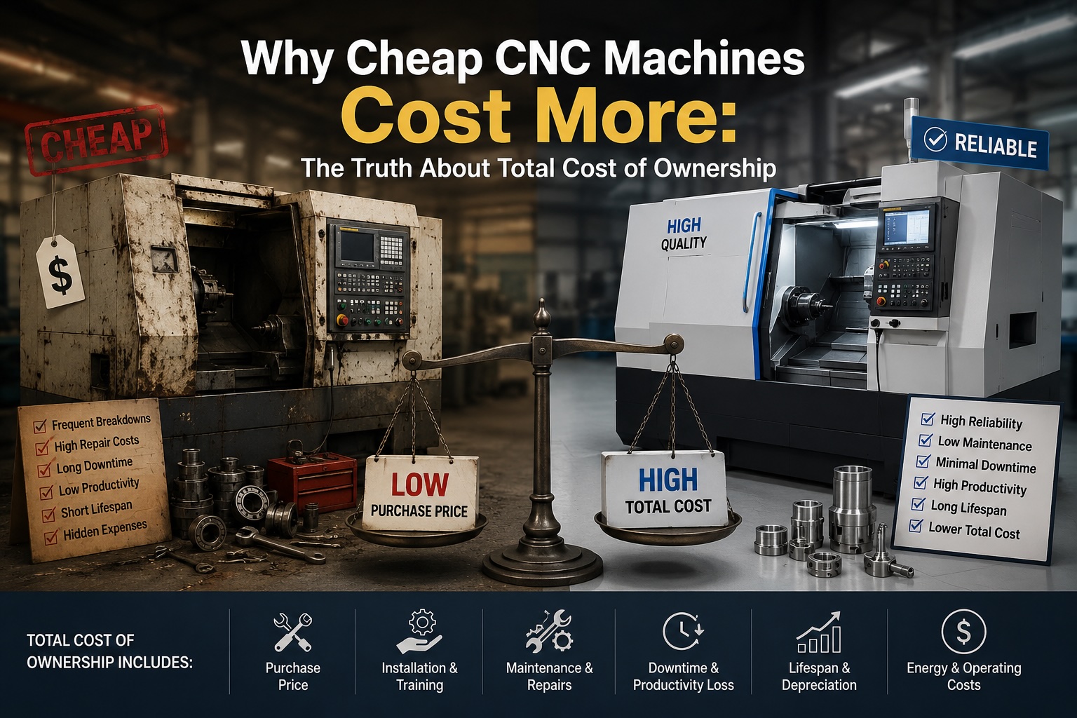 Why cheap CNC machines cost more — a balance scale weighing a rusty low-priced lathe (low purchase price, frequent breakdowns, high repair costs, hidden expenses) against a clean high-quality machine (high reliability, low maintenance, long lifespan, lower total cost), illustrating Total Cost of Ownership: purchase price, installation, maintenance, downtime, lifespan and energy