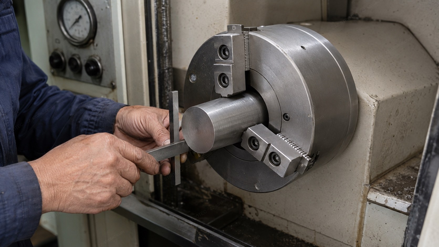 An operator setting a steel bar in the serrated hard top jaws of a three jaw lathe chuck, with the machine’s pressure gauge on the panel behind