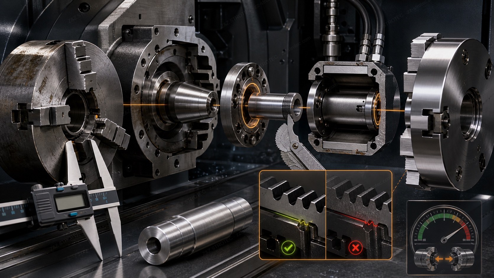 A CNC lathe spindle and three-jaw chuck with the spindle nose, draw tube and rotating cylinder separated along the axis and a caliper taking a measurement, with insets comparing matched and mismatched jaw serration pitch and a gauge showing gripping force falling with speed.
