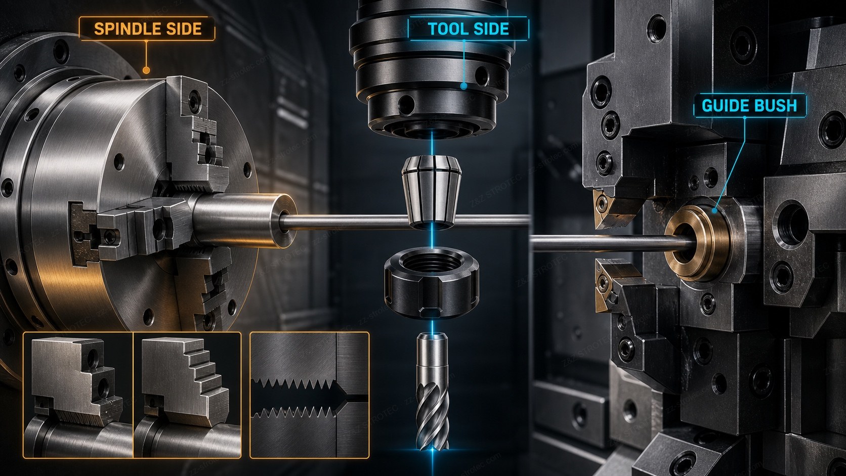 A three-jaw chuck gripping bar stock on the spindle side, an ER collet holding an end mill on the tool side, and a guide bush supporting the bar at the cutting point, with insets showing soft jaws, hard jaws and the jaw serrations in mesh.