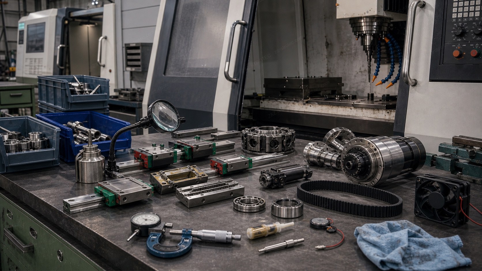 Maintenance bench beside a CNC machining centre, laid out with linear guide rails and blocks, a spindle assembly, angular contact bearings, a timing belt, a cabinet fan, an encoder battery, and a micrometer, dial indicator and magnifier for measuring them