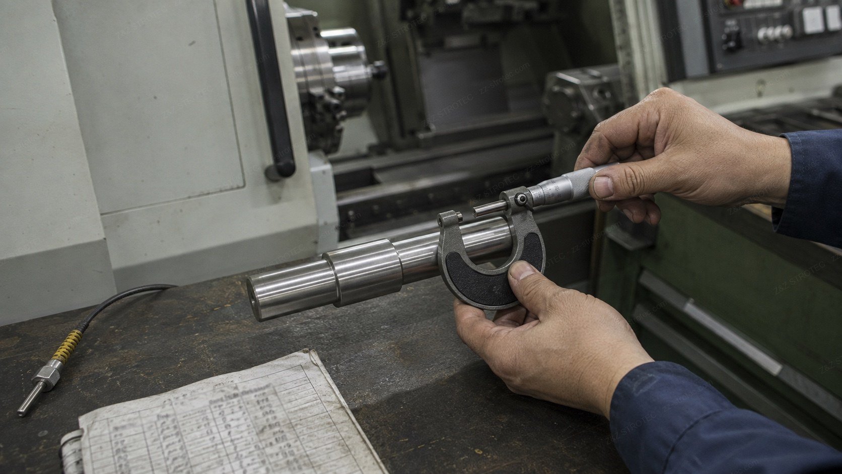 An operator measuring a stepped steel shaft with a micrometer at a bench beside a CNC lathe, a handwritten measurement log open on the bench next to it
