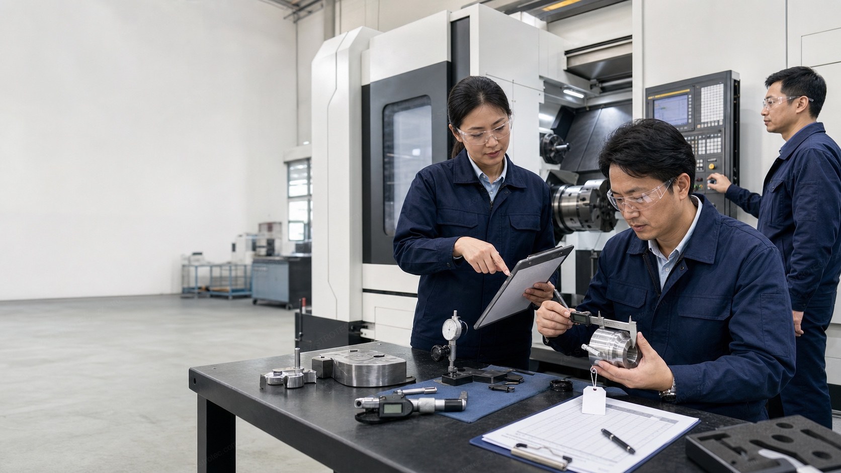 Factory acceptance test in progress — an engineer measuring a machined part with a digital caliper while a colleague records results on a tablet, dial indicators, micrometers and a signed inspection checklist on the bench, with a CNC turning centre and its operator behind them
