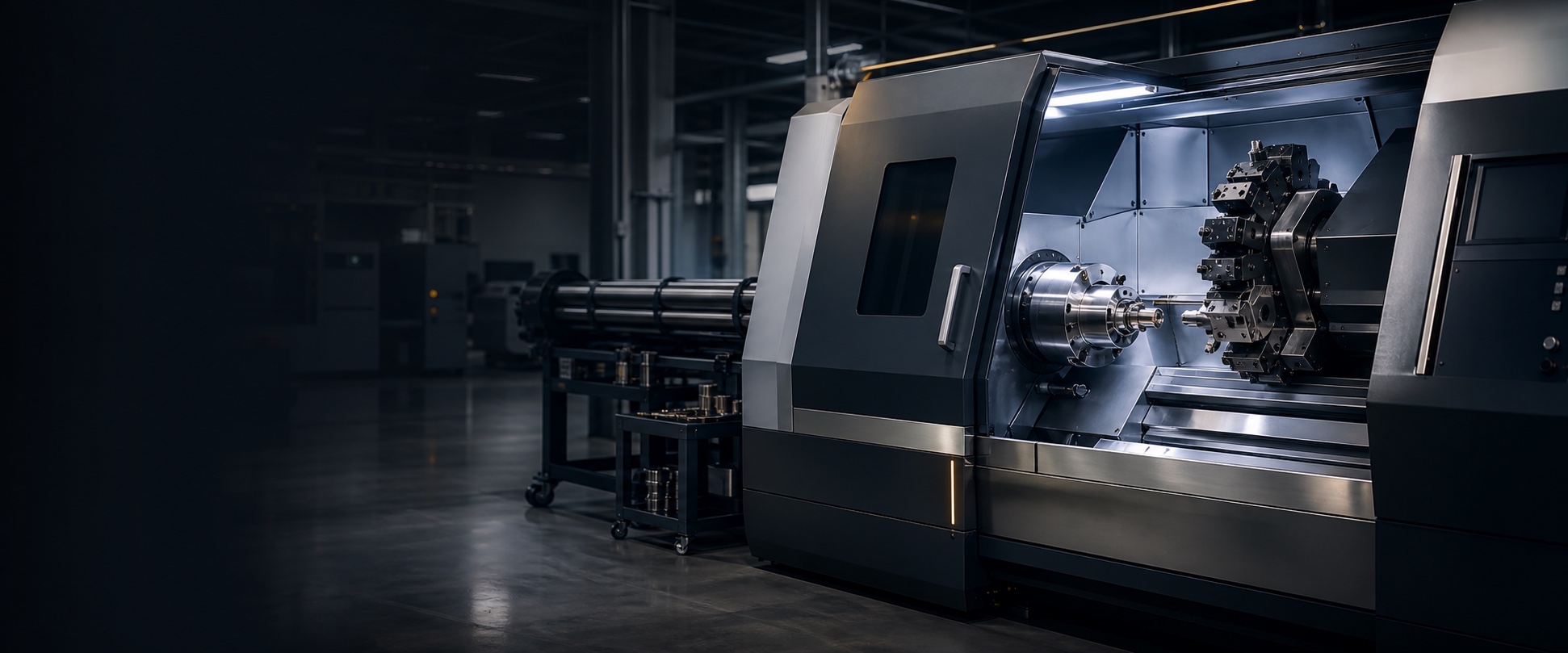 Modern CNC turning center and bar feeder in a precision machining facility