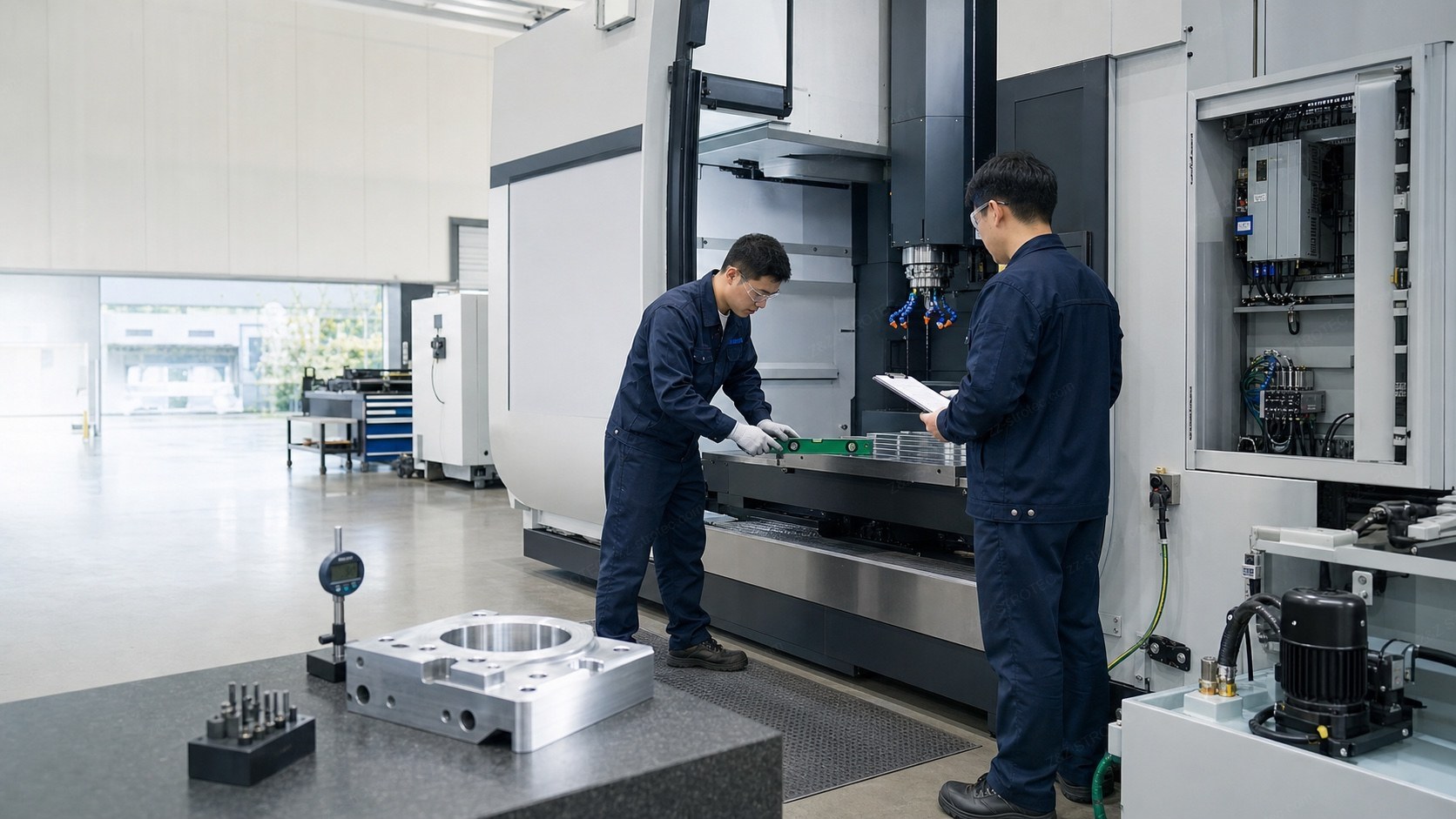 Two engineers levelling and inspecting a newly installed CNC machining centre during commissioning