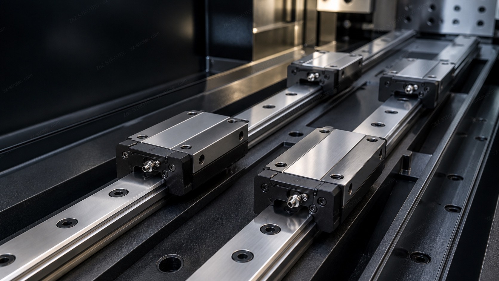 Two parallel linear guide rails bolted to a machine bed, each carrying two blocks