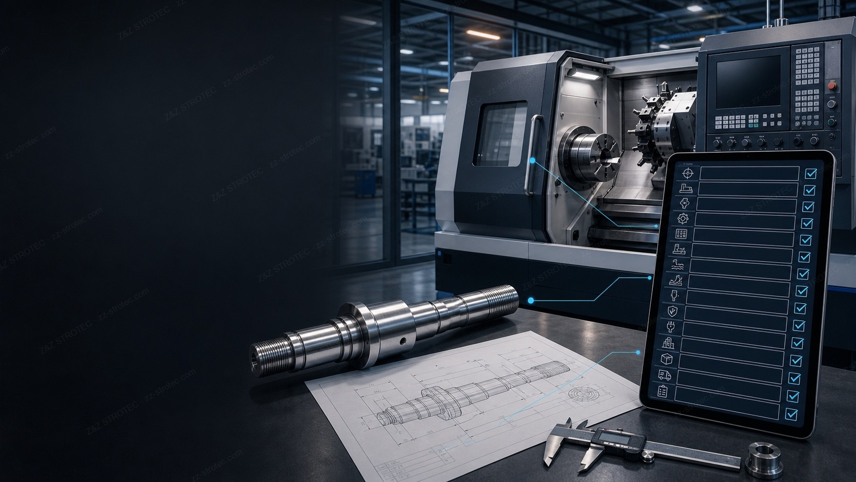 A turned shaft, its engineering drawing and a digital caliper on a bench in front of a CNC lathe, with a tablet showing a fifteen-item specification checklist