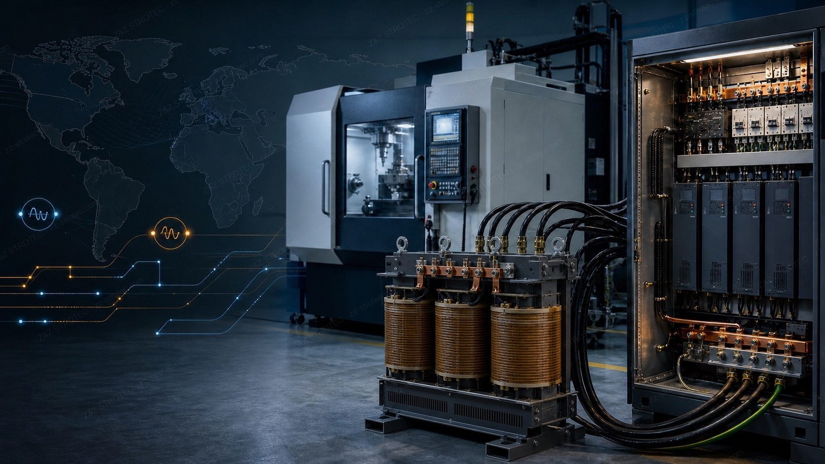CNC machine, step-down transformer, control cabinet and 50/60 Hz grid configuration