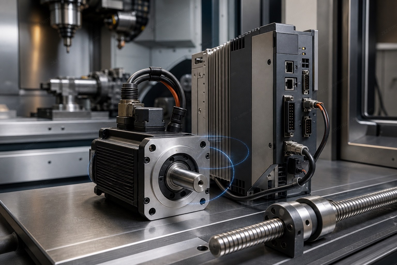Servo motor, servo drive and ball screw mounted on a CNC machine axis