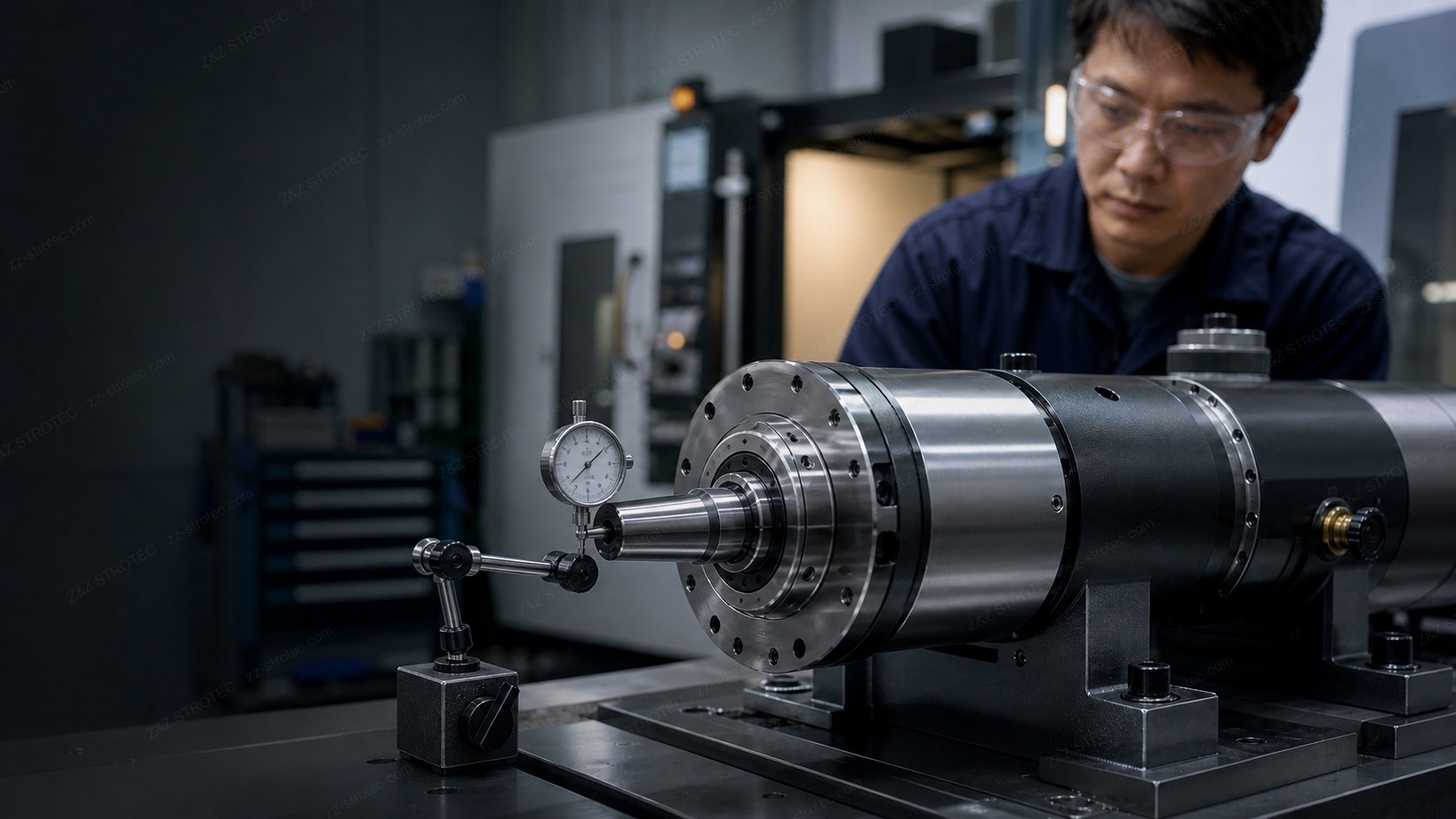 A technician checking CNC spindle radial runout with a precision test arbor and dial indicator