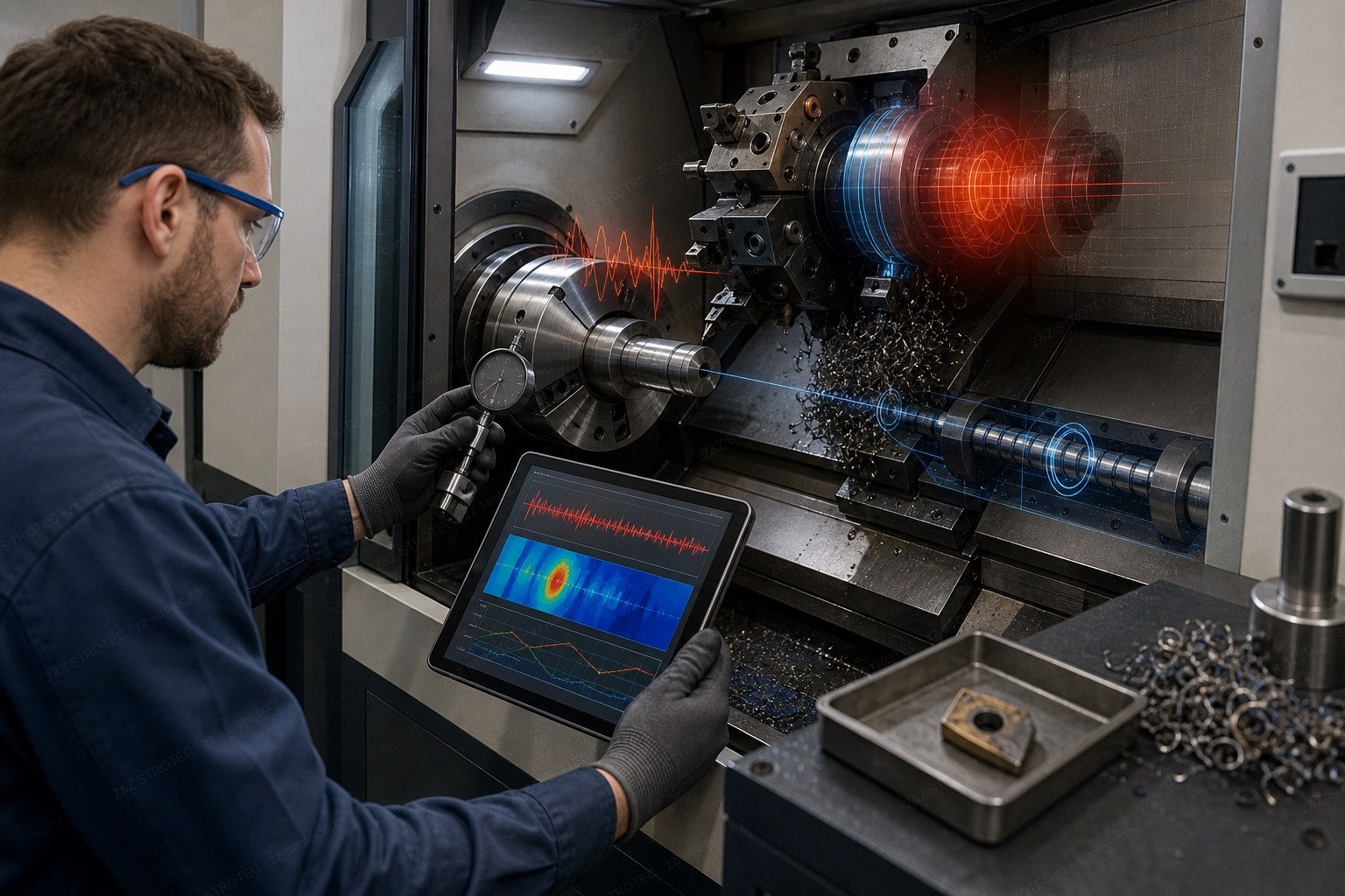 Machinist checking a turned part with a dial indicator while a tablet plots the chatter vibration trace during CNC troubleshooting