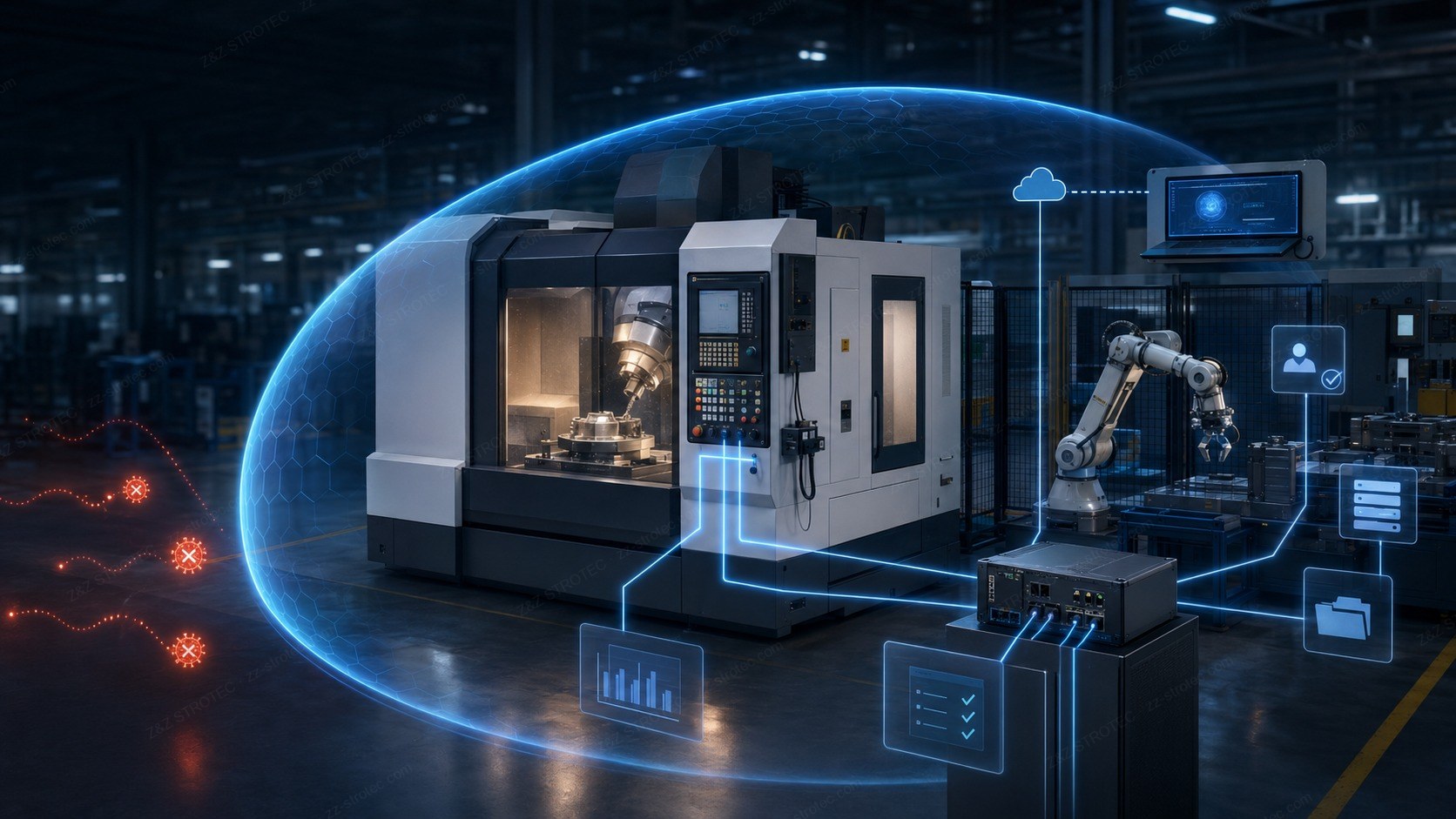 A CNC machining centre on a factory floor inside a blue protective boundary, linked by network lines to a robot cell, an industrial switch, a cloud service, an HMI screen and file, log and dashboard panels, with blocked threat markers outside the boundary