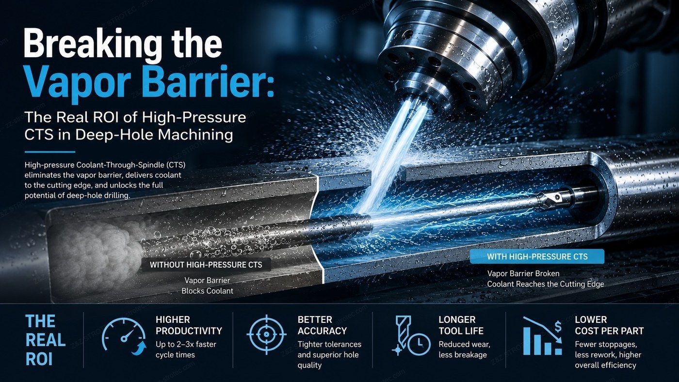 Breaking the vapor barrier — high-pressure coolant-through-spindle (CTS) cutaway showing coolant reaching the cutting edge in deep-hole drilling, with ROI gains in productivity, accuracy, tool life, and cost per part