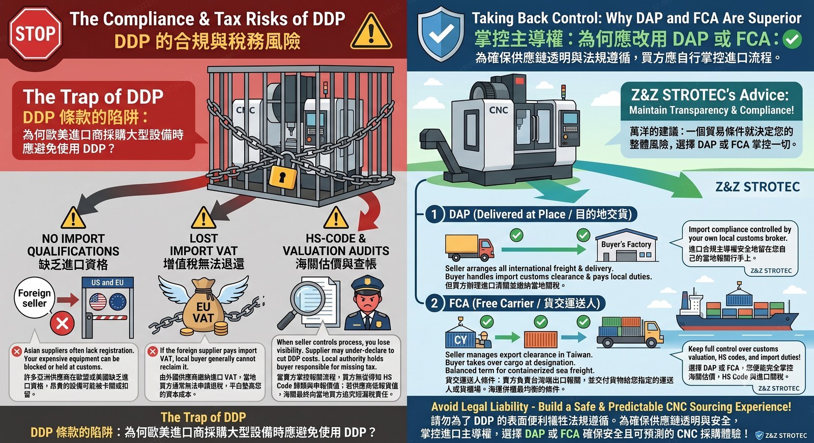 DDP compliance and tax risks versus DAP and FCA — division of responsibility for CNC machine imports / DDP 的合規與稅務風險 vs. DAP 與 FCA 的責任劃分 / DDP의 규정·세무 리스크 대 DAP·FCA 책임 분담