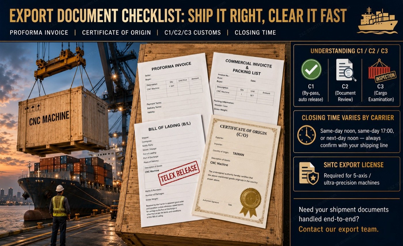 Export document checklist: PI, commercial invoice, bill of lading, certificate of origin, and C1/C2/C3 customs clearance