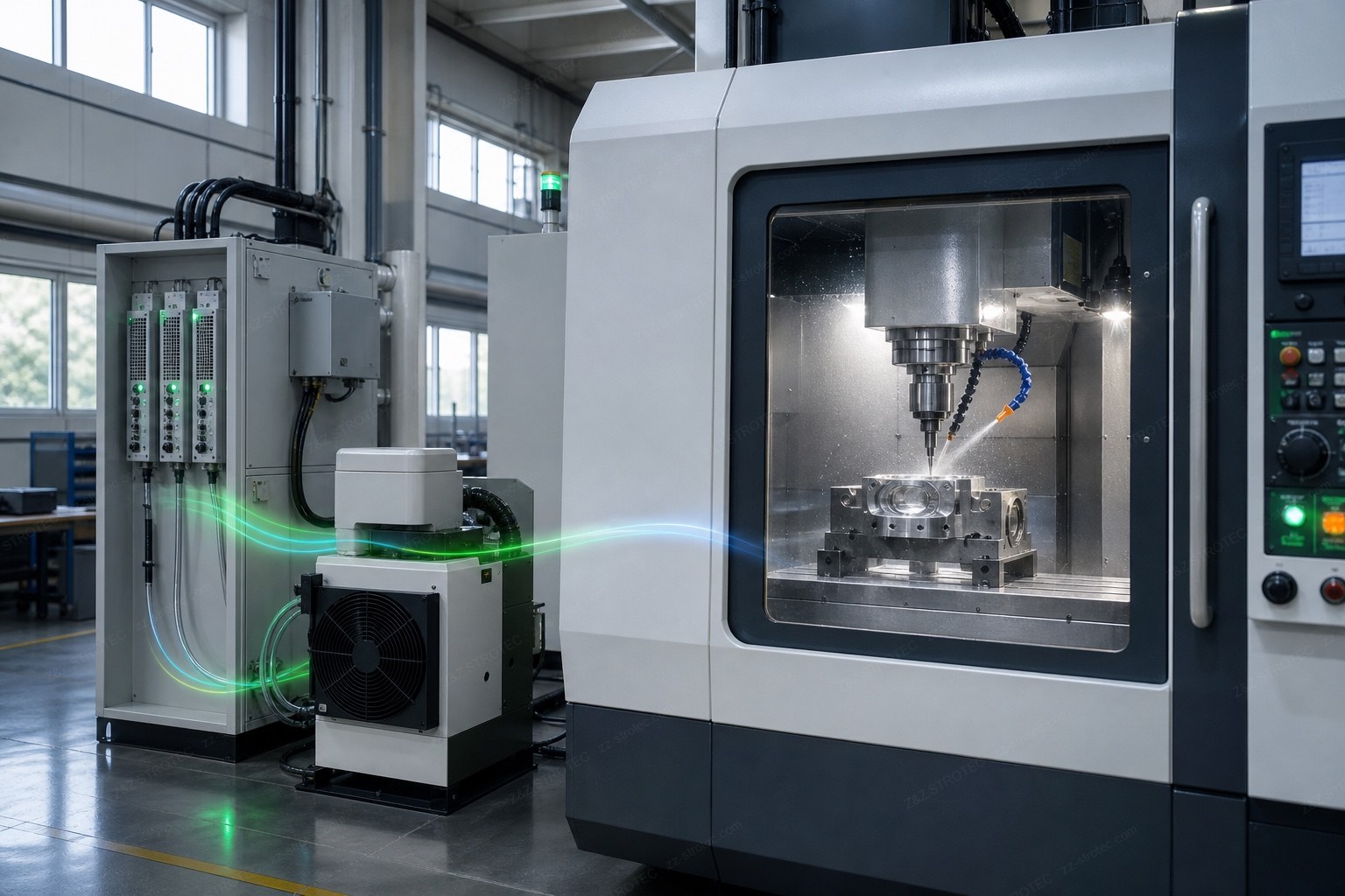 Energy-efficient CNC machining centre with drive and chiller cabinets, illustrating operational-phase energy flow under ISO 14955