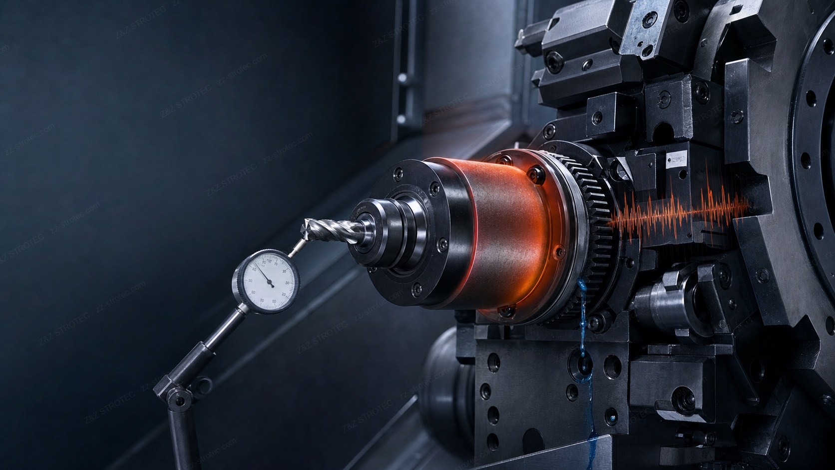 A live tool holder mounted in a CNC lathe turret, its housing glowing hot, with a dial indicator against the drill, a vibration trace beside the drive end and coolant running down the turret face