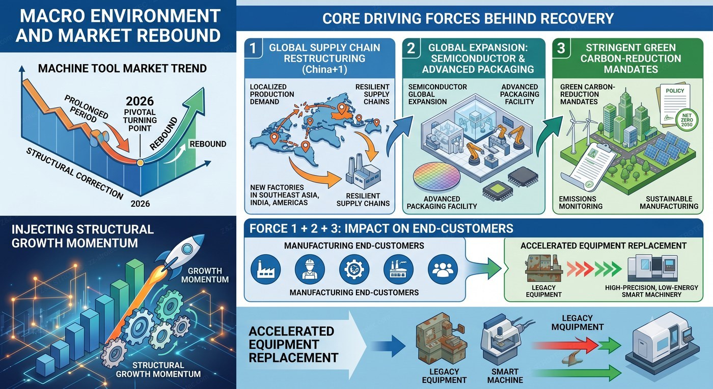Macro environment and market rebound — three driving forces: supply chain restructuring (China+1), semiconductor and advanced packaging expansion, and green carbon-reduction mandates
