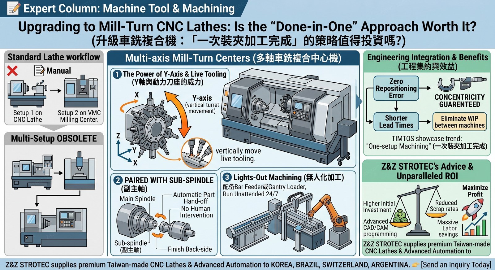 Mill-turn CNC lathe with Y-axis and sub-spindle