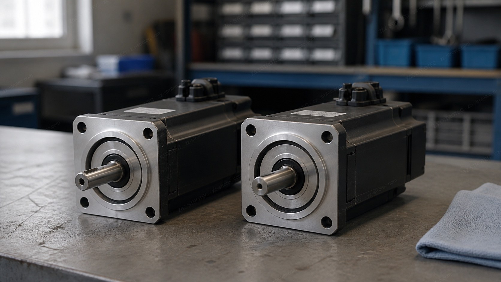 Illustrative scene of two similar-looking servo motors standing side by side on a workbench, mounting flanges and output shafts towards the camera, the right-hand motor visibly longer at the rear, with labels not legible