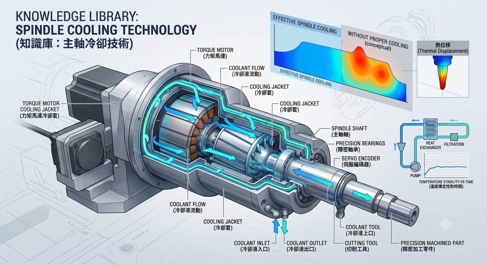 Spindle cooling technology cutaway — cooling jacket, coolant-through-spindle (CTS), and thermal-displacement compensation