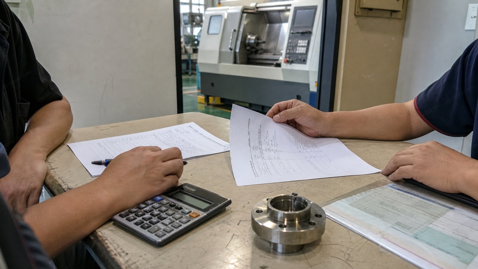 Two people comparing printed quotations at a bench beside a CNC lathe, with a calculator and a machined flange component